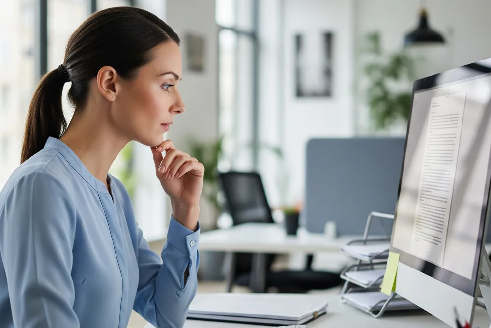 Mujer leyendo en un computador sobre la Ley Karin 21.643 para prevenir el acoso laboral en Chile