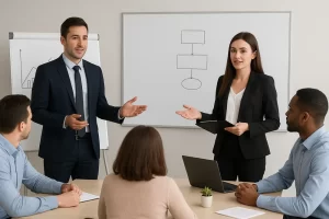 Asesores laborales impartiendo capacitación sobre la Ley Karin a trabajadores en una empresa